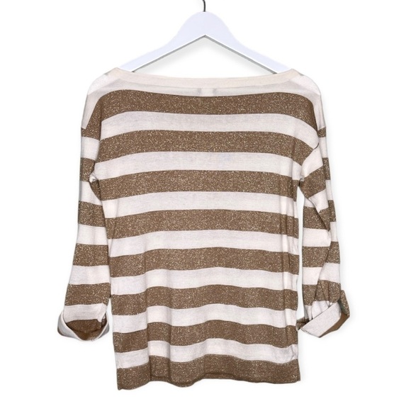 J. Crew Wool Blend Roll Button Long Sleeve‎ Top Striped Gold Shimmer White XS - Picture 3 of 7